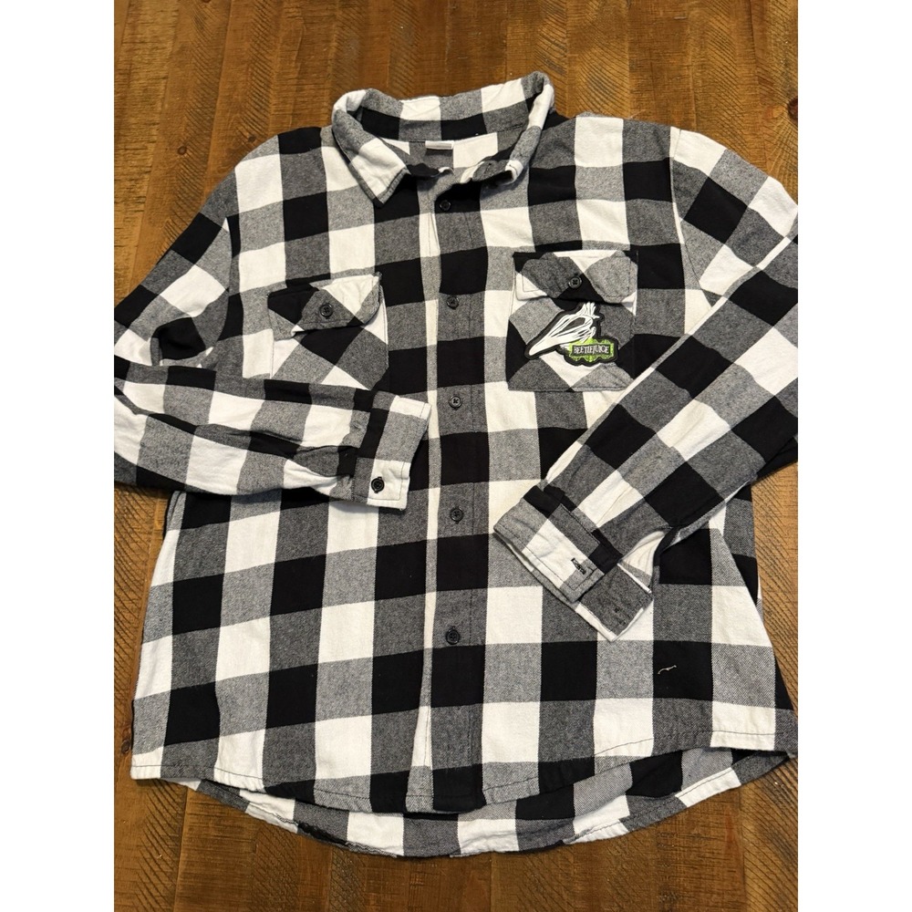 Beetlejuice Button Up Flannel Shirt Mens XL Black White Plaid Graphic Back